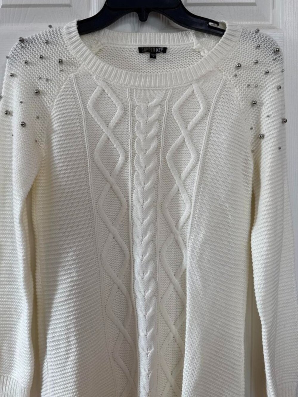 Copper Key white beaded sweater with silver beads #glamour #winterwear